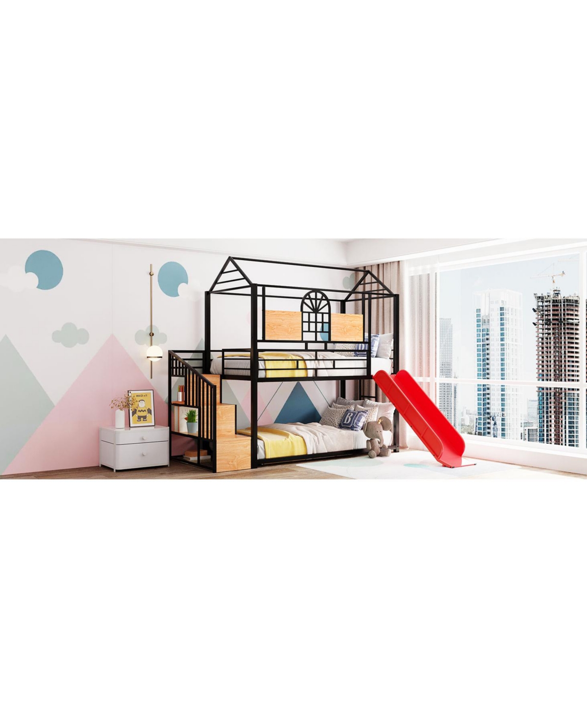 Streamdale Furniture Twin Bunk Bed with Slide and Storage Stairs, Black and Red