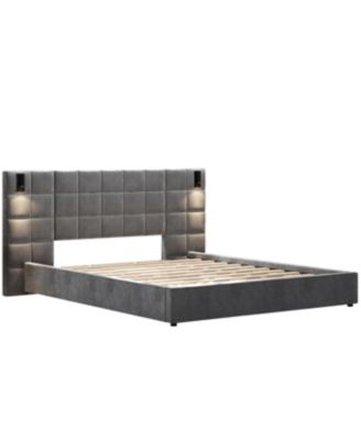 Streamdale King Size Velvet Upholstered Bed Frame with Wall Sconce & USB, Gray