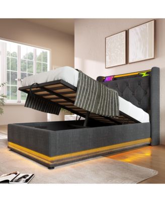 Twin-Size Upholstered LED Bed with Hydraulic Storage
