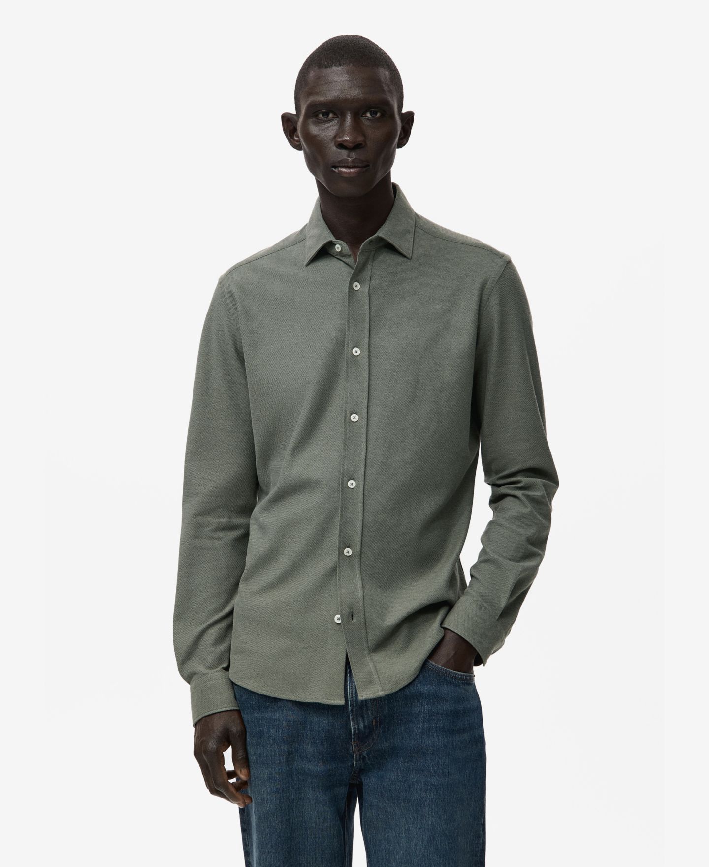 Мужская рубашка Mango Cotton Slim Fit, цвет: Зелёный — фото 1