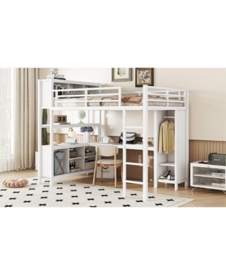 White Metal Loft Bed with Wardrobe, Desk & Storage
