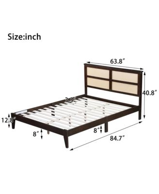 Queen Espresso Wood Bed Rattan Headboard