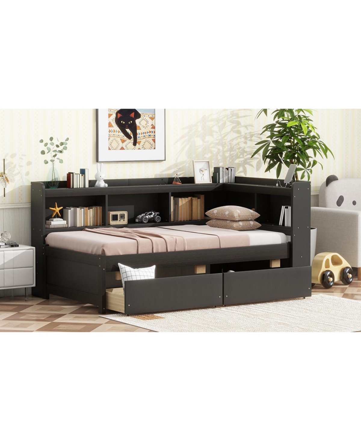 Streamdale Furniture Twin L-Shaped Bookcase Bed w/ Outlets & Drawers