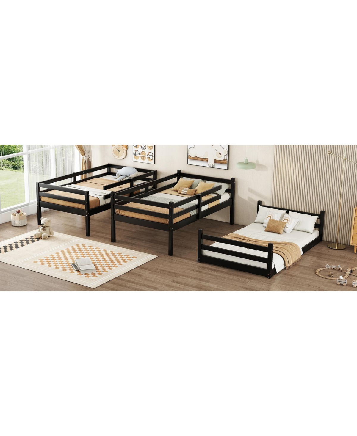 Streamdale Furniture Triple Twin Bunk Bed with Built-in Ladders and Guardrails