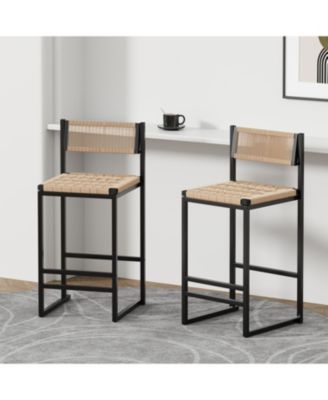 Kitchen Bar Stools with Footrest Set of 2 Paper Rope Weave Dining Chairs Counter Height Barstool