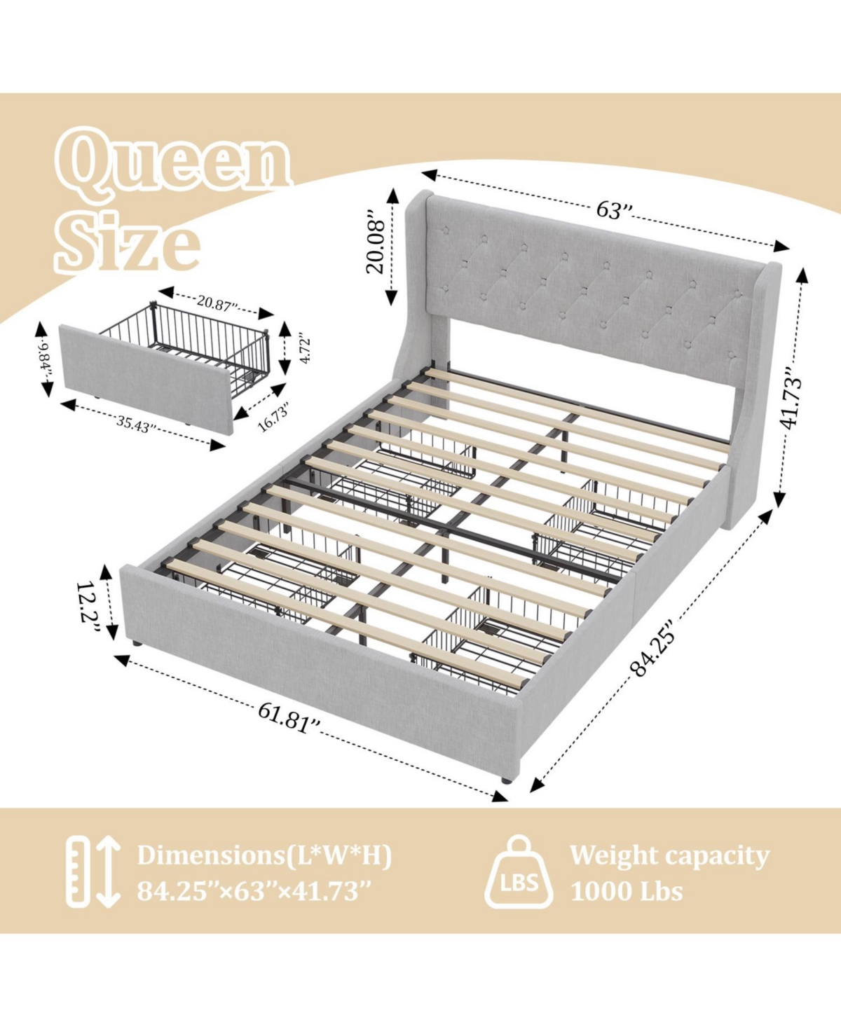 Streamdale Furniture Queen Size Bed Frame with 4 Storage Drawers and Wingback Headboard, Button Tufted Design, Light Grey