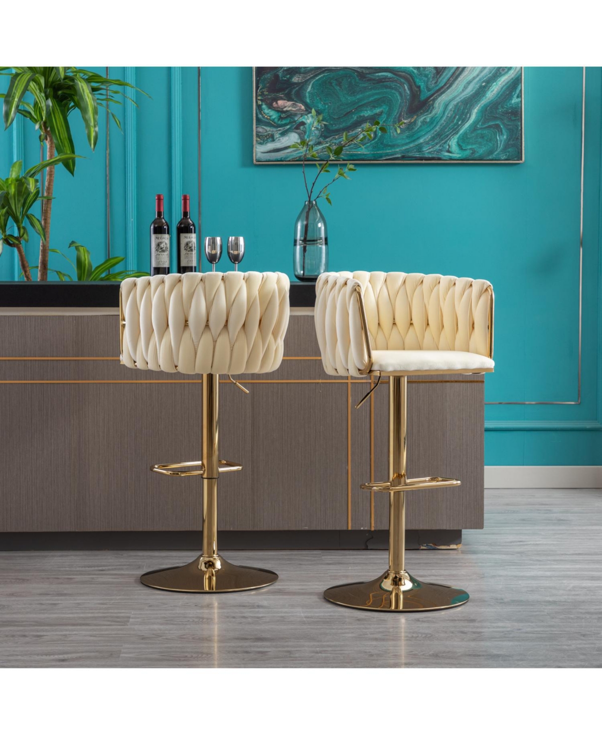 Streamdale Furniture Streamdale Velvet Bar Stools with Gold Legs and Chrome Base, Adjustable Height