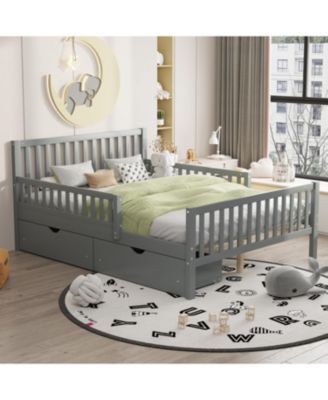 Full Size Wood Platform Bed with Guardrails on Both Sides and Two Storage Drawers, Gray