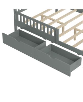 Full Size Wood Platform Bed with Guardrails on Both Sides and Two Storage Drawers, Gray