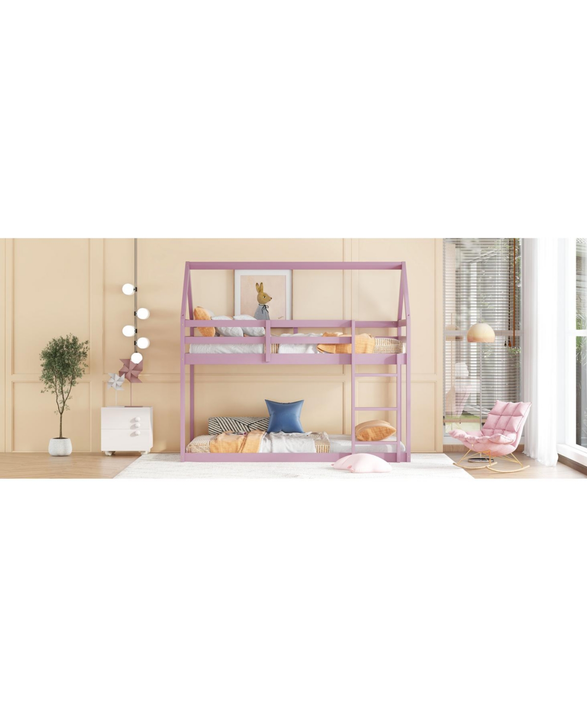 Streamdale Furniture Twin over Twin Rubber Wood Floor Bunk Bed, with ladder,Guardrails,House-Shaped-Bunk Bed