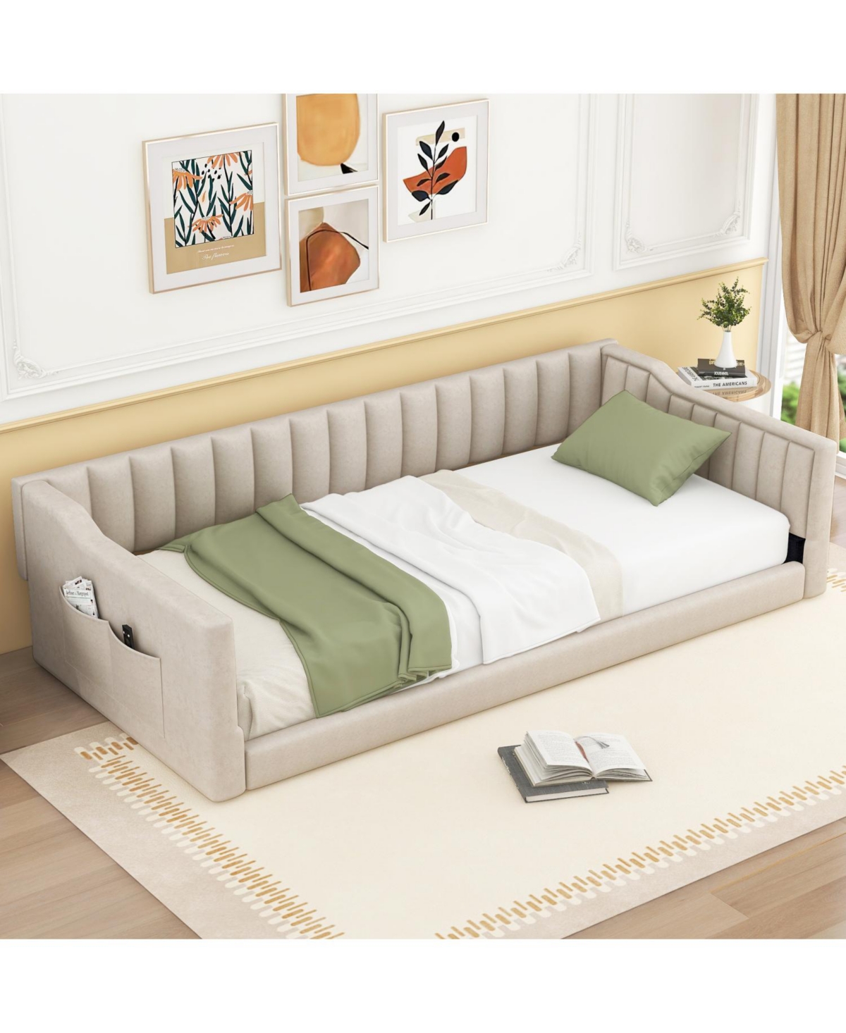 Streamdale Furniture Twin Xl Size Upholstery Daybed and Side Storage pocket,Beige