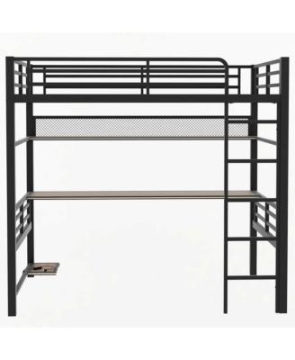 Full Size Metal Loft Bed Frame with Storage Shelf and LED Light,Iron mesh