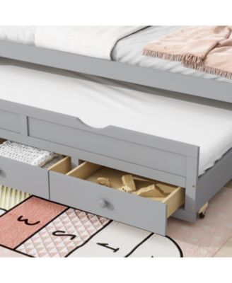 Twin Pine Wood Bed with Headboard, Footboard, Trundle, and Storage