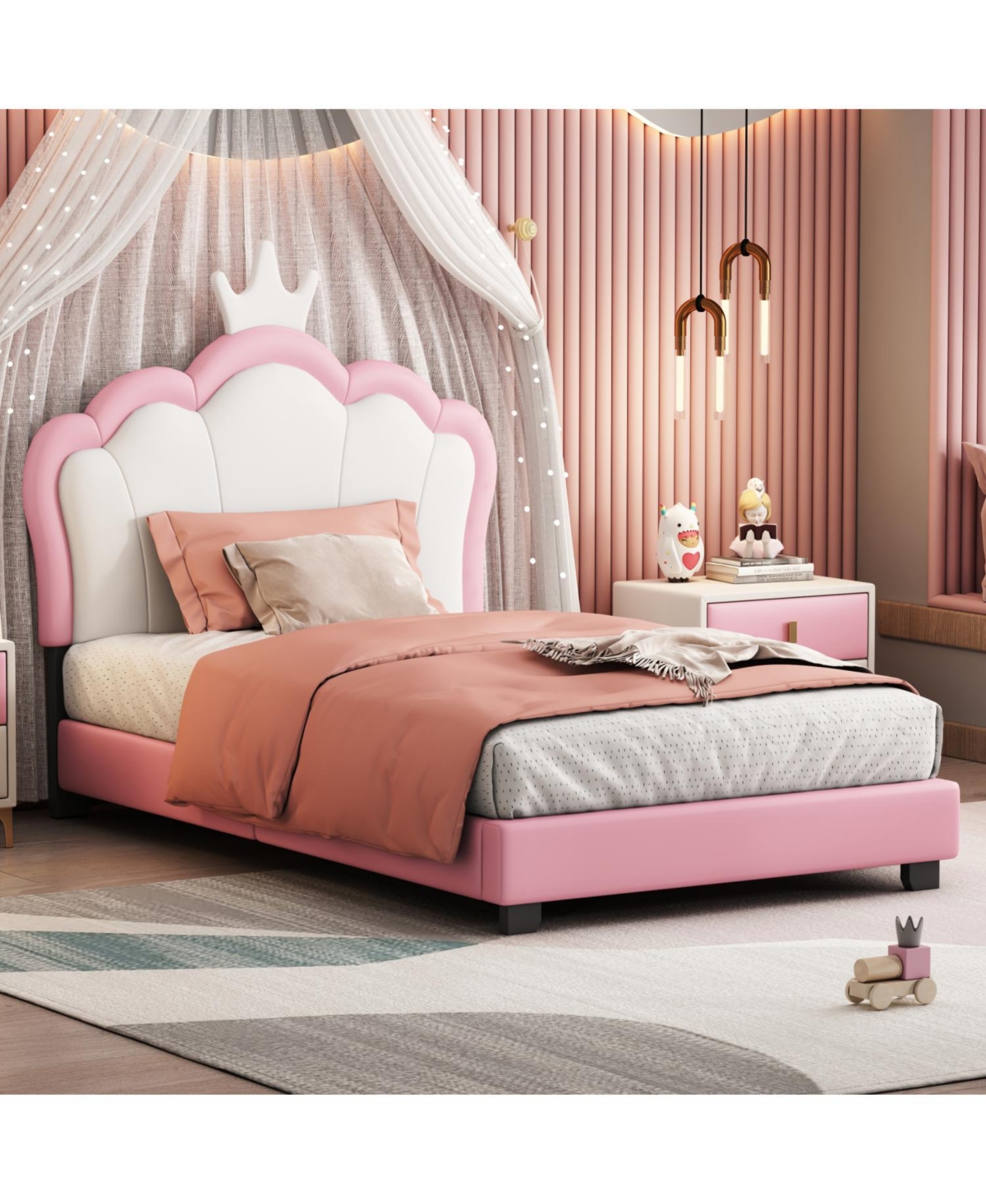 Streamdale Furniture Twin Upholstered Princess Bed with Crown Headboard,Twin Platform Headboard