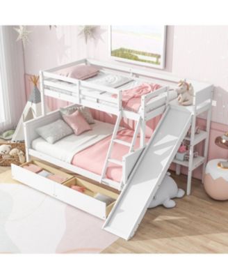 Twin over Full Bunk Bed with 2 Drawers, Slide, Shelves, Ladder, Rubber Wood Bunk Bed with Slide, Drawers
