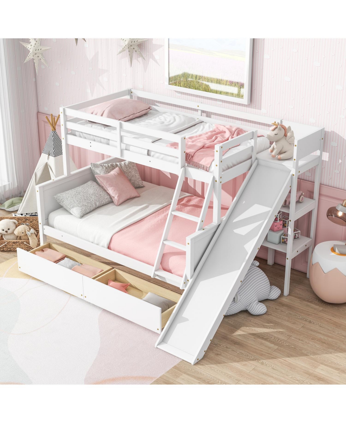 Streamdale Furniture Twin over Full Bunk Bed with 2 Drawers, Slide, Shelves, Ladder, Rubber Wood Bunk Bed with Slide, Drawers
