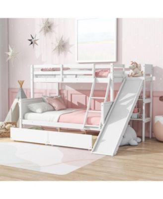 Twin over Full Bunk Bed with 2 Drawers, Slide, Shelves, Ladder, Rubber Wood Bunk Bed with Slide, Drawers