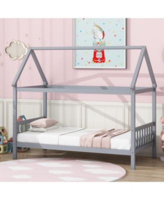  Twin House Bed with Headboard and Footboard, Twin Rubber Wood Bed with House Frame