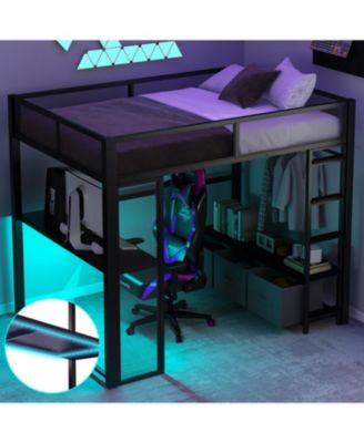Full Size Metal Gaming Loft Bed with LED, Desk, Open Wardrobe and 3 Linen Storage Drawers