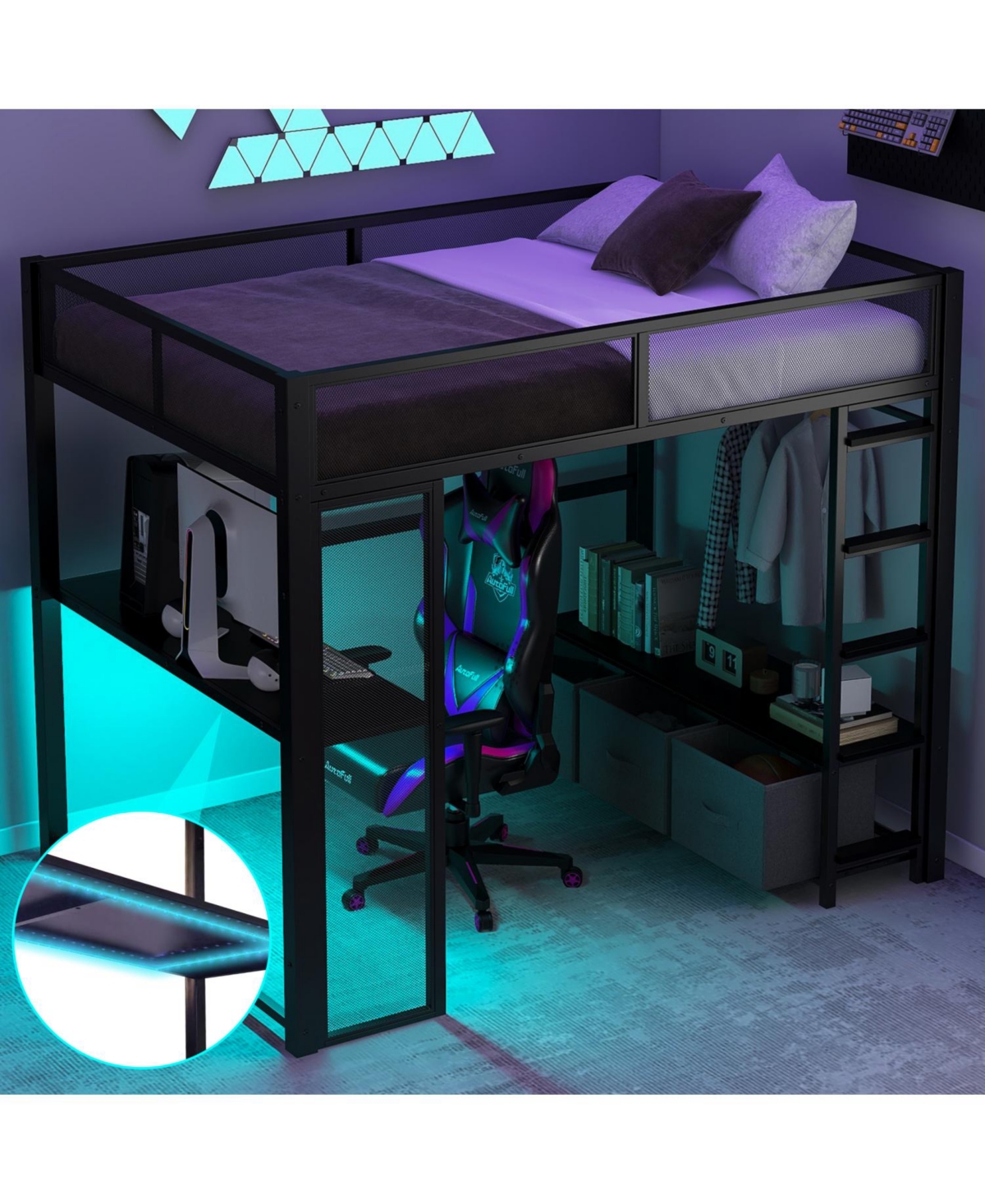 Streamdale Furniture Full Metal Gaming Loft Bed with Led, Desk, Open Wardrobe and 3 Linen Storage Drawers, White