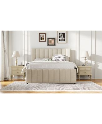  Full Size Upholstered Platform Bed with Twin Size Trundle and 3 Drawers, Linen Fabric, Beige
