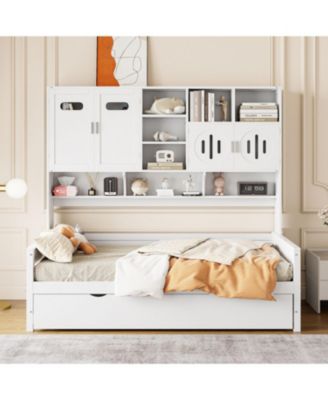 Twin Size Wooden Daybed with Trundle and Storage Cabinet & Shelf