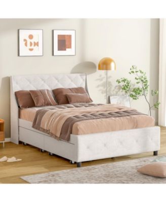 Queen Bed Frame with Storage Headboard, No Noise Metal Platform, Strong Slats Support