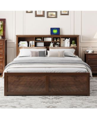 Wood Platform Bed with Multi-storage Headboard, USB and Drawers