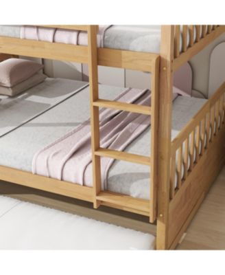 Rubber Wood Full/Full Bunk Bed with Trundle and Guardrails, Convertible to 2 Beds