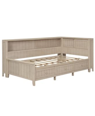 Twin Size Wood Daybed with Storage Shelves and 3 Drawers, Antique