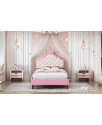 Twin Size Lovely Crown Fantasy PU Leather Princess Bed with Tufted Headboard, Pink+Cream