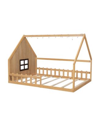 Full Size Wood House Bed with Window and Fence.