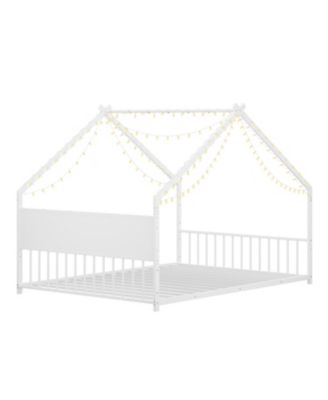  Kids House Bed with Roof and Lights, Metal Frame