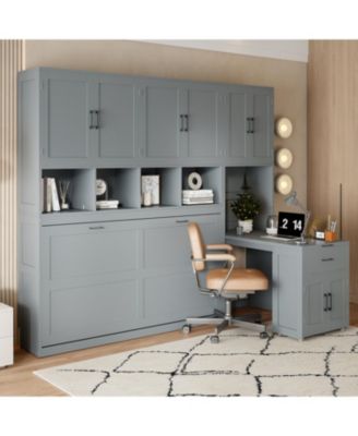  Twin Size Murphy Bed Wall Bed with Closet, Drawers & Desk-Gray