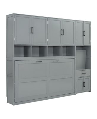 Twin Size Murphy Bed Wall Bed with Closet, Drawers & Desk-Gray