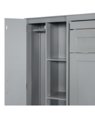 Queen Size Murphy Bed Wall Bed with Shelves, Wardrobe and LED Lights