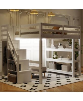 Loft Bed with Shelves Storage Stairs Wardrobe & LED