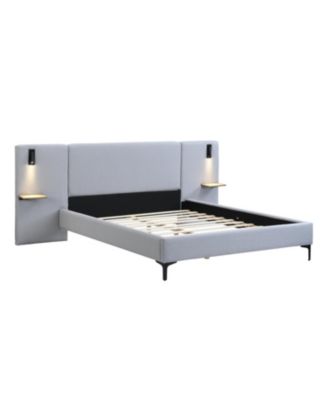 Chic Linen Upholstered Bed with Integrated Lights and Shelves Queen