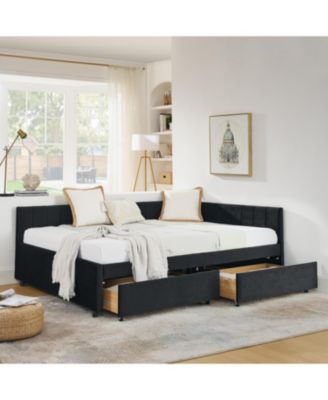 Tufted Upholstered Bed Frame with Drawers Velvet Black