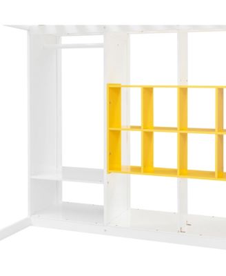 Full Size Wood Loft Bed with Wardrobe, shelves and Cabinet