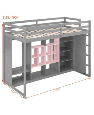 Twin Size Wood Loft Bed with Wardrobe, shelves and Cabinet