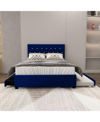 Queen Velvet Bed with Trundle & Storage - Blue