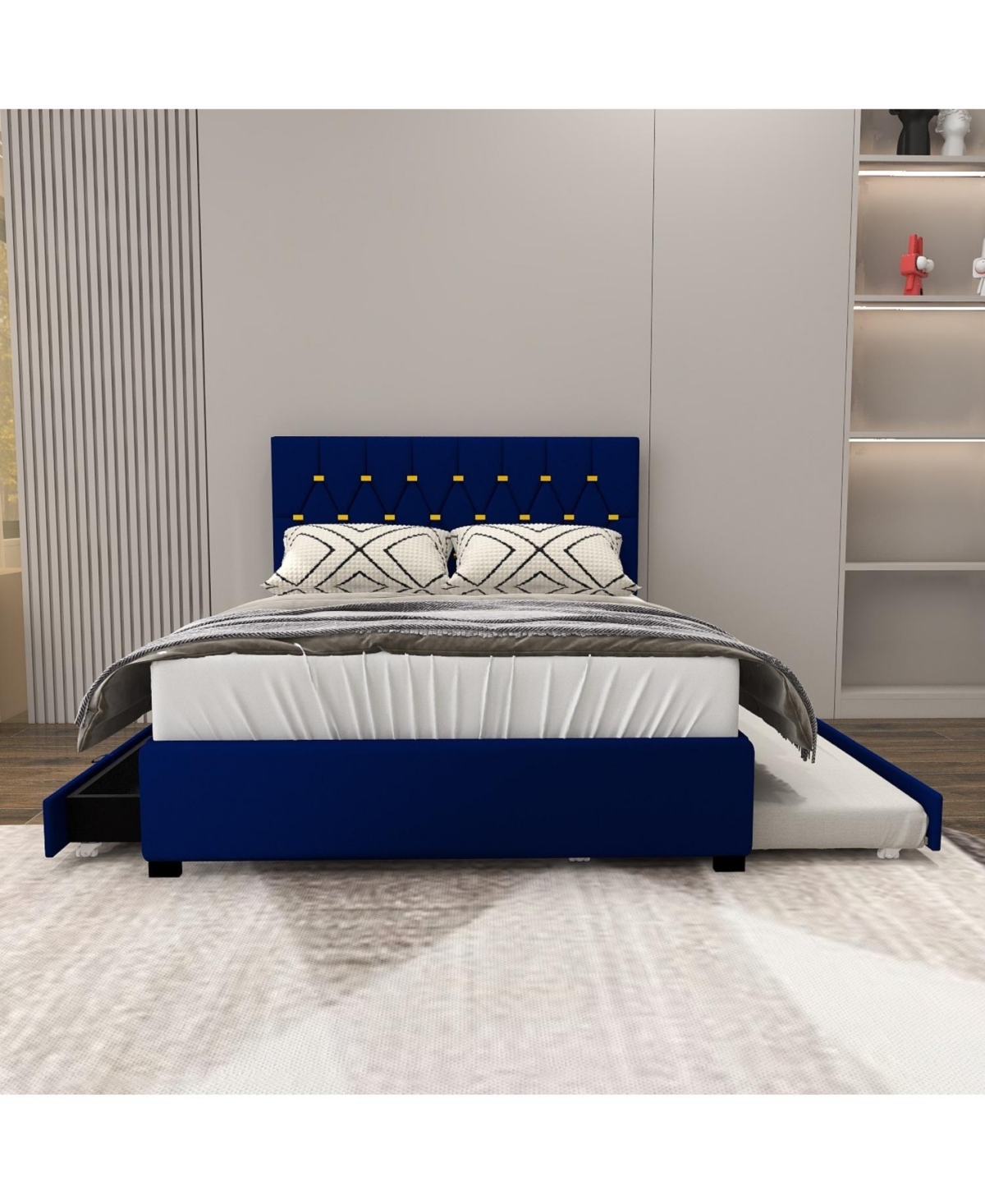 Streamdale Furniture Queen Velvet Bed with Trundle & Storage - Blue