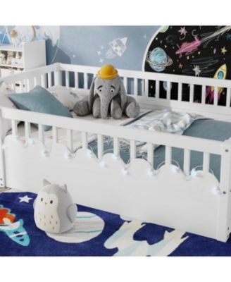 Montessori Floor Bed Frame, High Rails, Light & Shelf, White