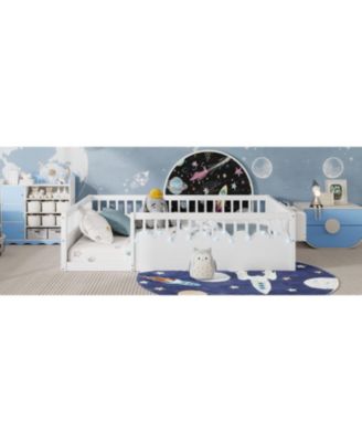 Montessori Floor Bed Frame, High Rails, Light & Shelf, White