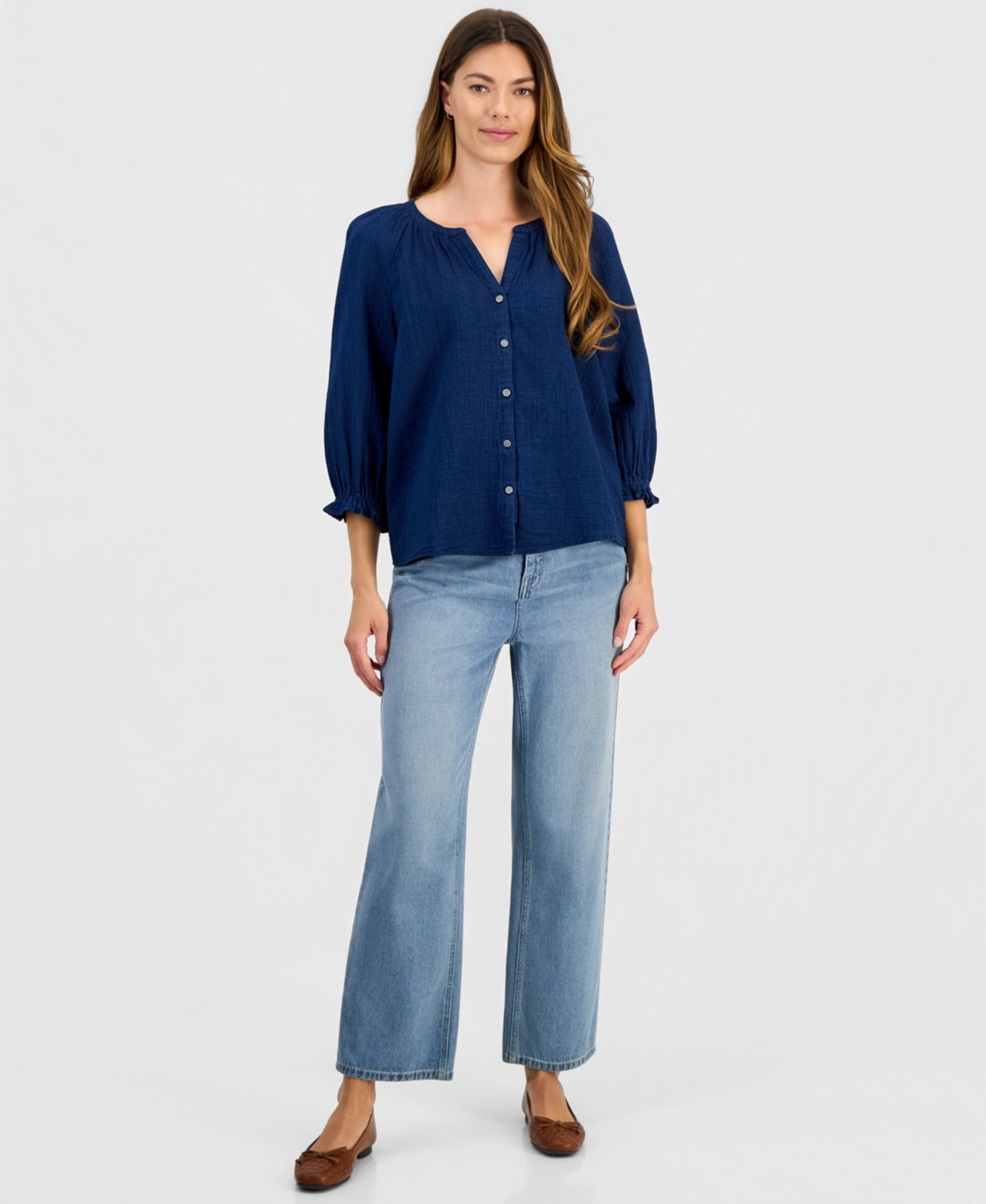 Style & Co Women's True Indigo Cotton Blouse, Macy's Exclusive