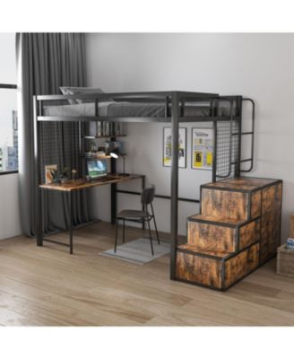 Loft Bed with Desk, USB, Drawers, Stairs & Storage - Black