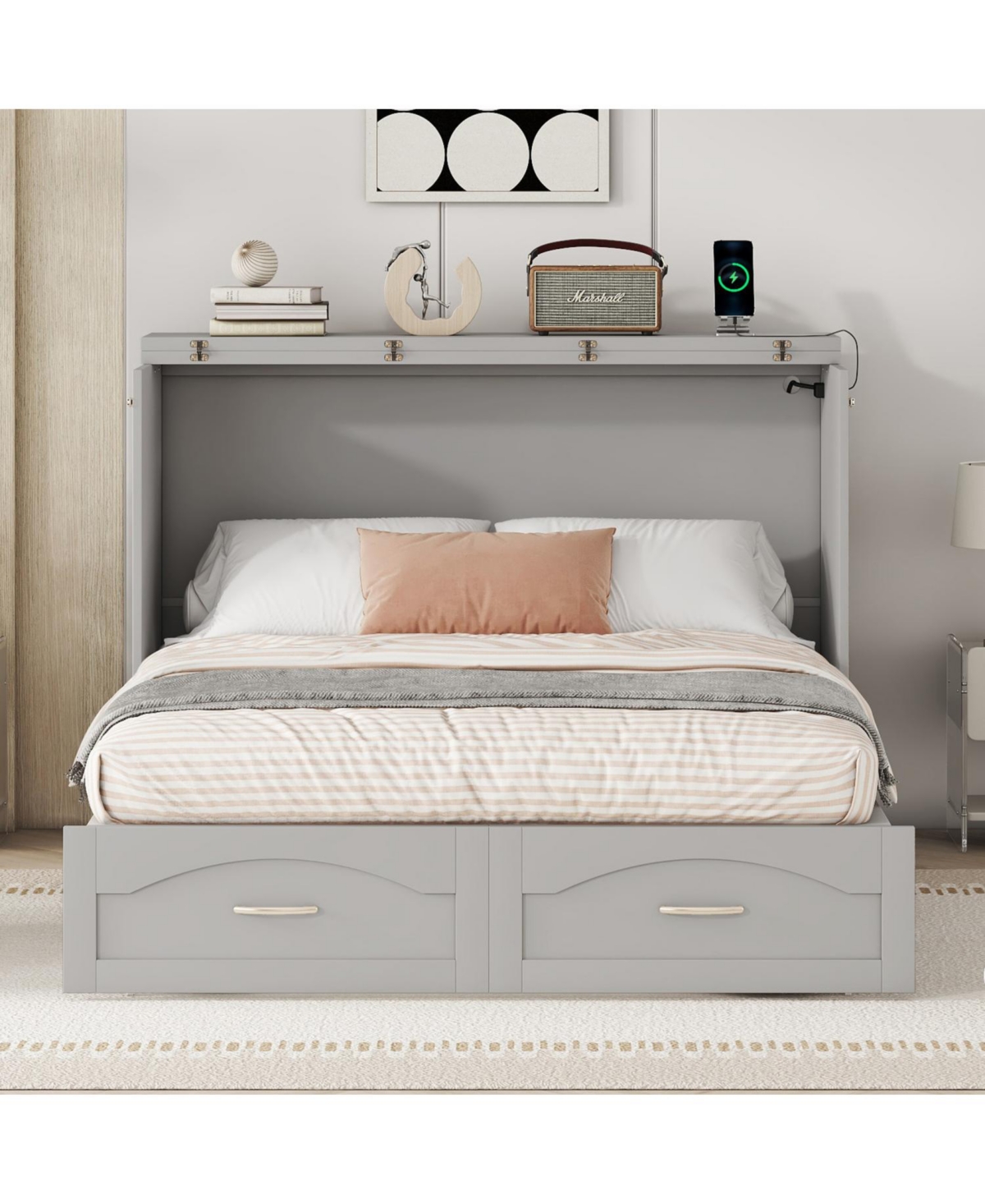 Streamdale Furniture Murphy Bed with Drawer, Usb Ports, Pulley Design - Gray