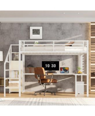 Queen Loft Bed with Desk, Wardrobe, Shelf & LED