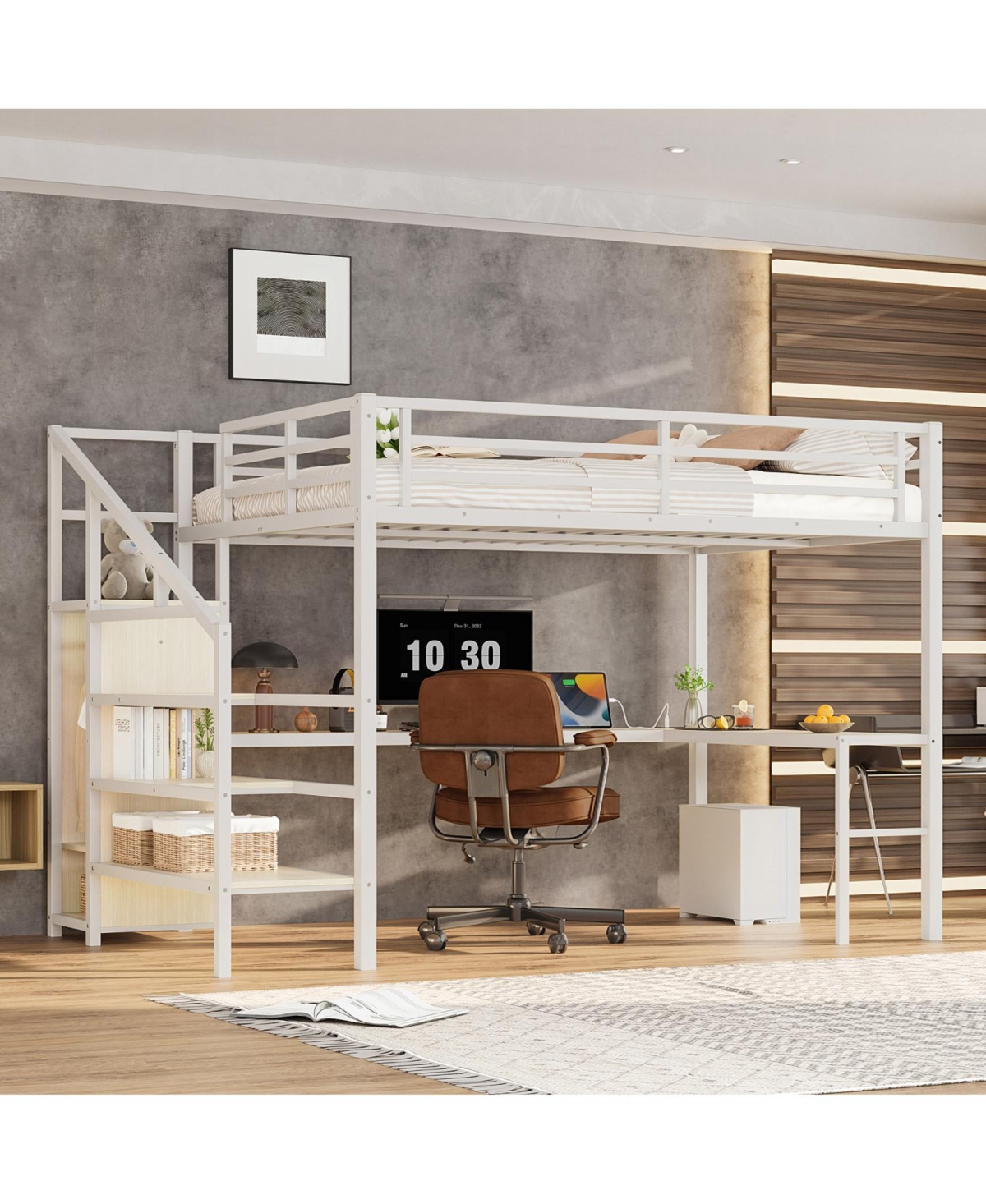 Streamdale Furniture Queen Loft Bed with Desk, Wardrobe, Shelf & Led
